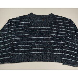 Free People Women M Blue Striped Cropped Crewneck Sweater Chunky Knit Boho